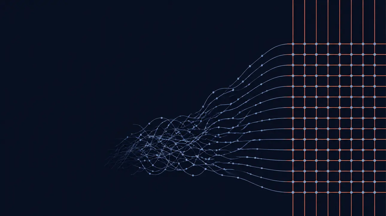 An abstract dark navy graphic: a loose tangle of thin pale threads rising from the center and straightening into an even coral grid on the right.
