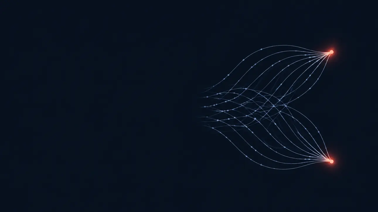 An abstract dark navy graphic: two coral points on the right with pale threads arcing back and forth between them.