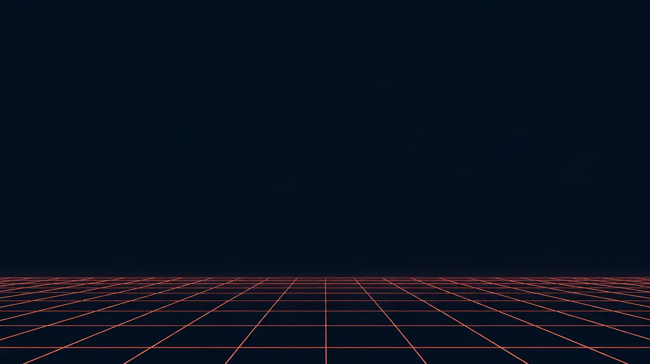 Un graphique abstrait bleu nuit : une grille corail posée à plat comme un plancher le long du bas, avec du bleu nuit vide au-dessus.